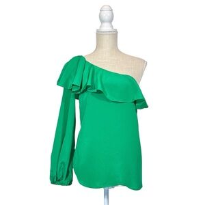 Amanda Uprichard One Shoulder Silk Top Emerald Green 3/4 Sleeve Bust Ruffle Sz S